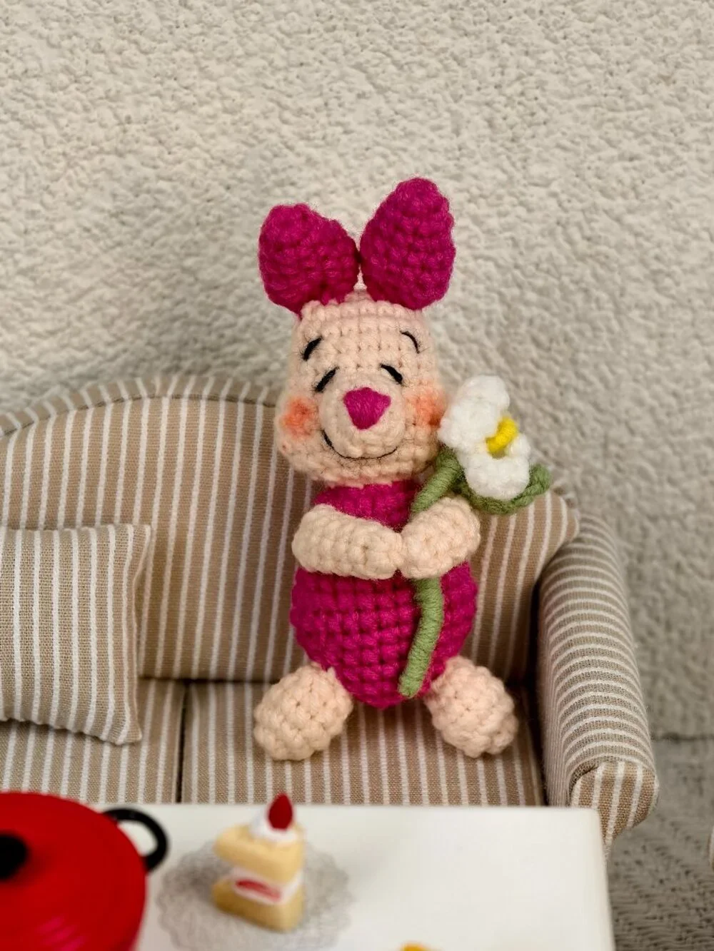 Handmade Amigurumi Crochet Piglet Holding Flowers Plushie